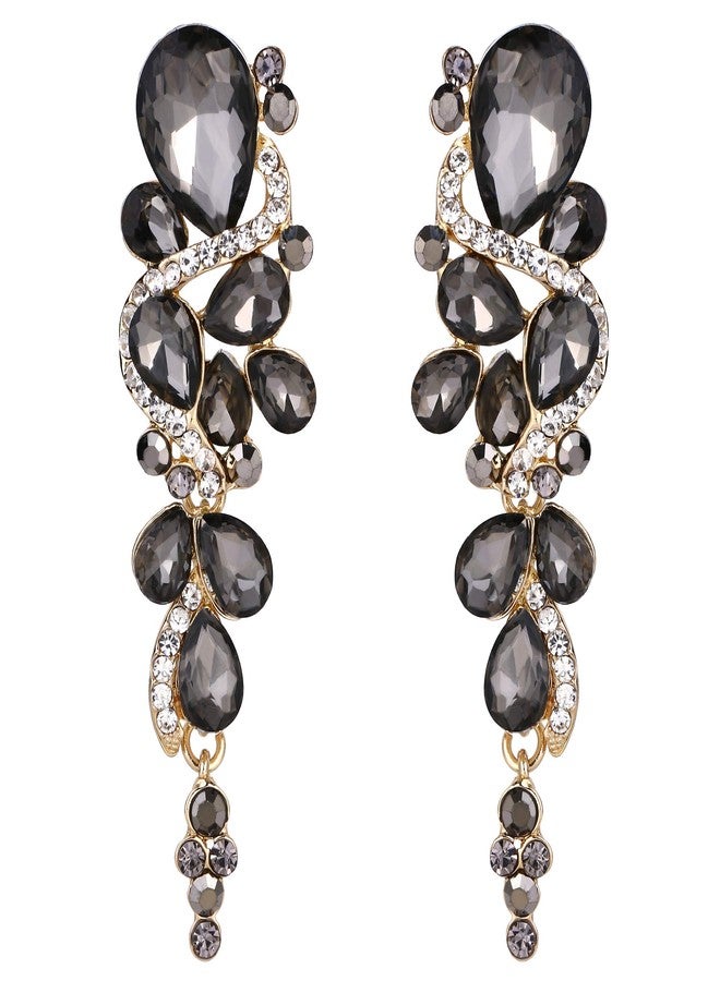 بريلوف أقراط زفاف بريلوف بمشبك للنساء، بتصميم بوهيمي مرصعة بالكريستال، بتصميم ثريا متعدد الطبقات على شكل دمعة، متوفرة باللون الرمادي والأسود والذهبي. - Image 1