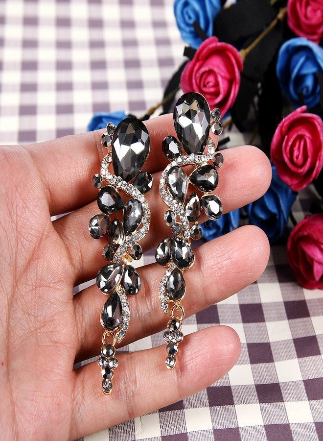 بريلوف أقراط زفاف بريلوف بمشبك للنساء، بتصميم بوهيمي مرصعة بالكريستال، بتصميم ثريا متعدد الطبقات على شكل دمعة، متوفرة باللون الرمادي والأسود والذهبي. - Image 3