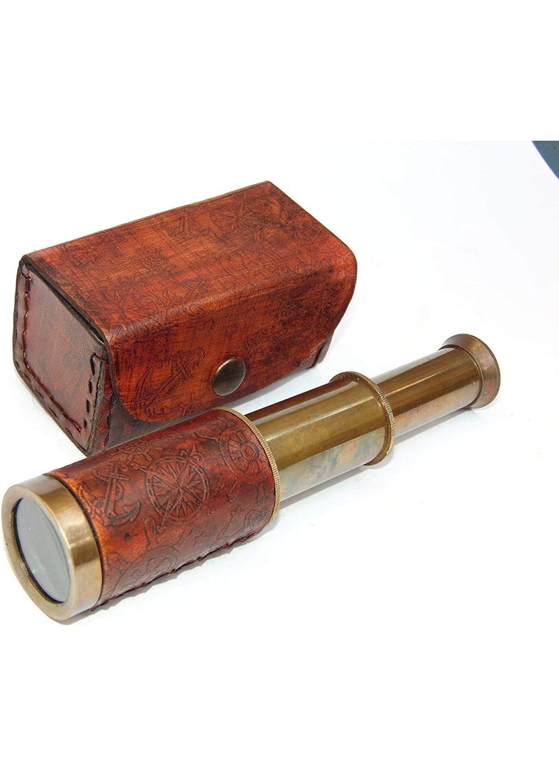 MAGNE NAUTICAL MAGNE NAUTICAL Brass Telescope Nautical Antique Hand Held Pocket Spyglass with Leather Box Comes with Leather Case Great Craving Telescope 