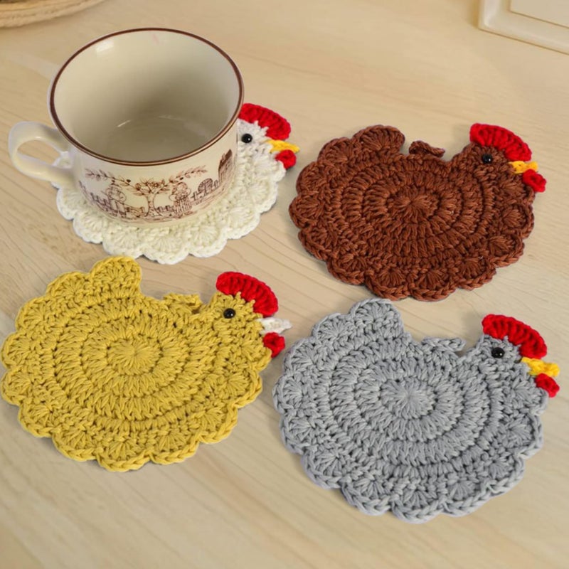 RucaDeco Handmade Crochet Chicken Coasters Set of 4, Mom, Stuffed Animal-Themed Drink Coasters, Cute Desk Accessories, Home Decor, Tabletop Protection, Crazy Chicken Lady Must Have - Image 1