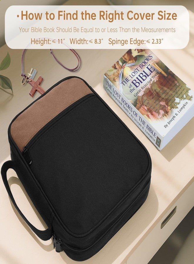 PPeen Bible Cover Bible Case for Men Canvas Carrying Cases Book Protector Case Bible Bag with Durable Handle Study Supplies Accessories Christian Gifts (Brown+Black, Large) - Image 2