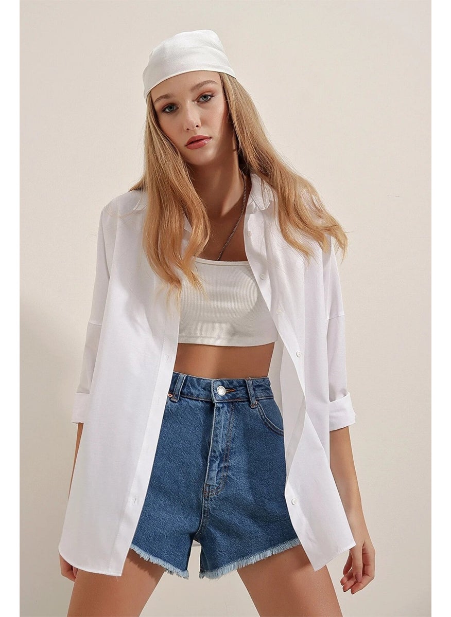 Giysa White Women's Long Sleeve Oversize Basic Shirt 95% Cotton - 3900  - Image 1