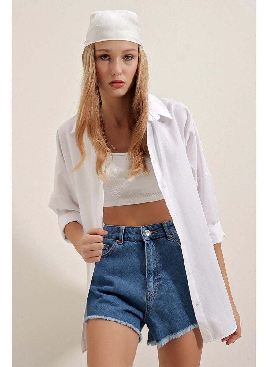 Giysa White Women's Long Sleeve Oversize Basic Shirt 95% Cotton - 3900  - Image 2