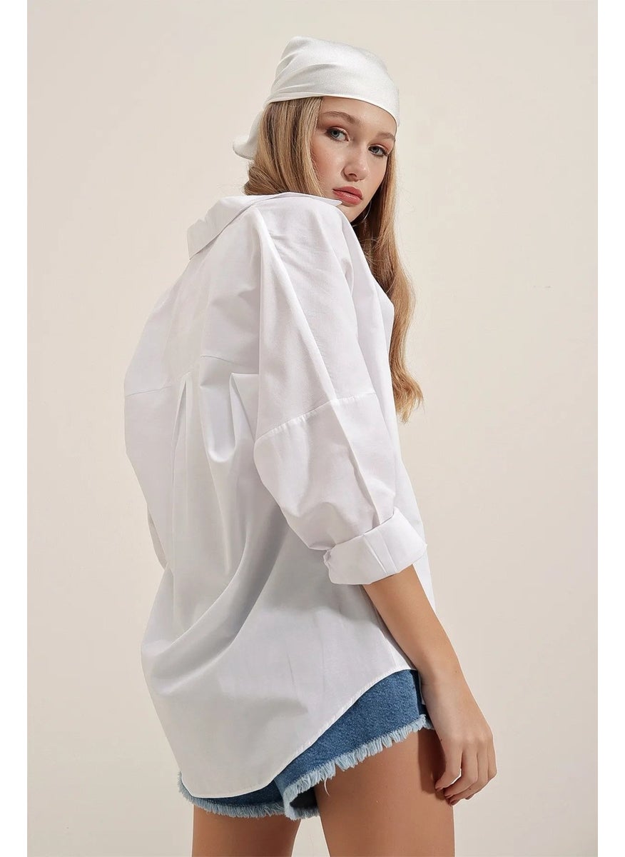 Giysa White Women's Long Sleeve Oversize Basic Shirt 95% Cotton - 3900  - Image 4