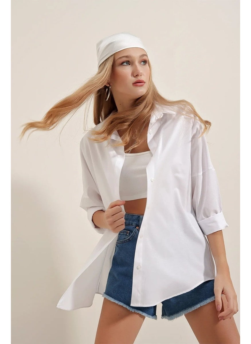 Giysa White Women's Long Sleeve Oversize Basic Shirt 95% Cotton - 3900  - Image 5