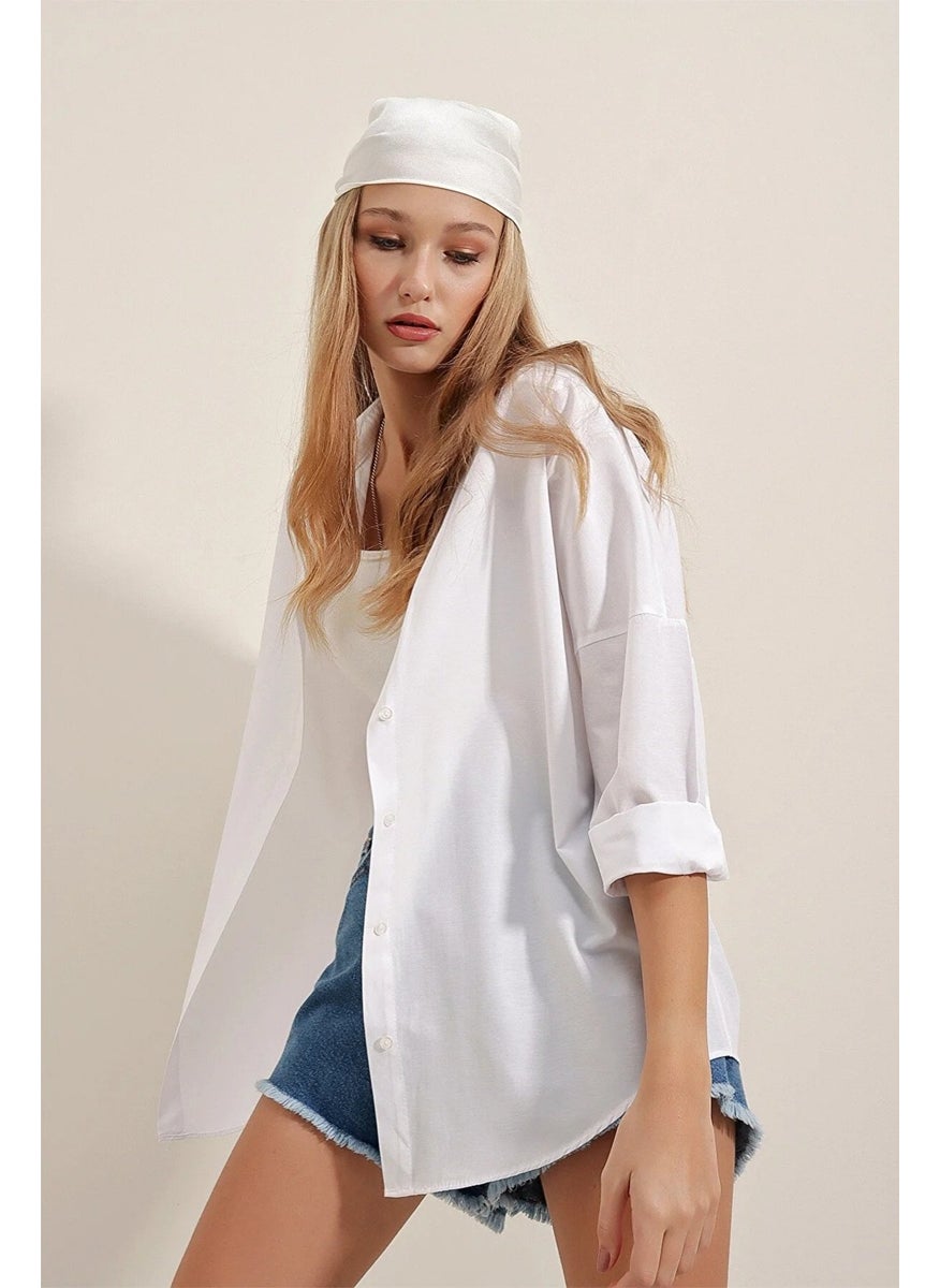 Giysa White Women's Long Sleeve Oversize Basic Shirt 95% Cotton - 3900  - Image 3