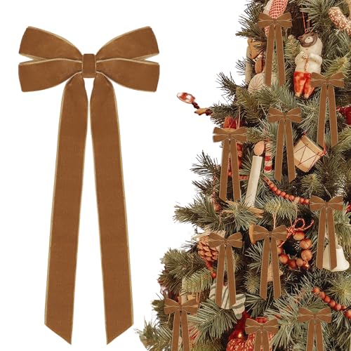Hongsome 12Pcs Vintage Velvet Ribbon Bows Christmas Tree Decorations,5in x 10in Brown Xmas Ornaments for Tree Home Party Front Door Wreath Holiday Decor - Image 1