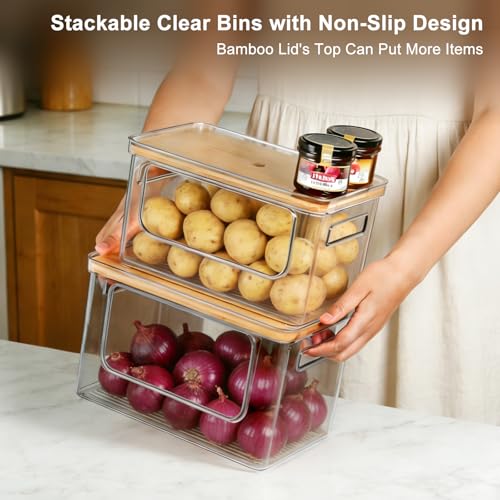 Hudgan Pantry Organizers and Storage with Straight Side, 2 Set Stackable Bin with Open Front for Onion,Potato,Garlic,Fruit, Clear Storage Bin with Bamboo Lid for Kitchen Cabinet, Countertop, Bathroom - Image 3