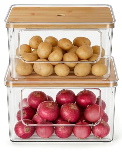 Hudgan Pantry Organizers and Storage with Straight Side, 2 Set Stackable Bin with Open Front for Onion,Potato,Garlic,Fruit, Clear Storage Bin with Bamboo Lid for Kitchen Cabinet, Countertop, Bathroom - Image 1