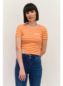 Lefties Women Round Neck Short Sleeve Stripe Top, Orange  - Image 1