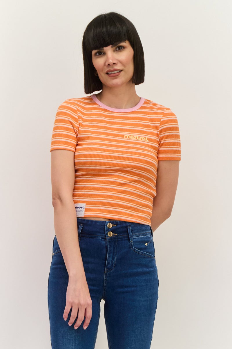 Lefties Women Round Neck Short Sleeve Stripe Top, Orange - Image 1