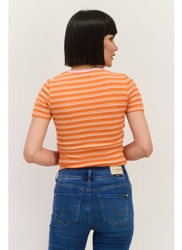 Lefties Women Round Neck Short Sleeve Stripe Top, Orange  - Image 3
