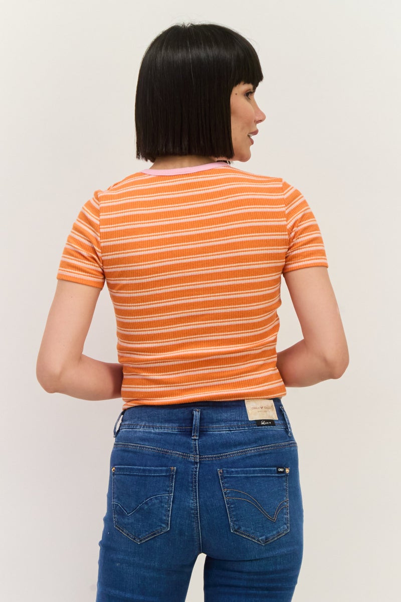 Lefties Women Round Neck Short Sleeve Stripe Top, Orange - Image 3