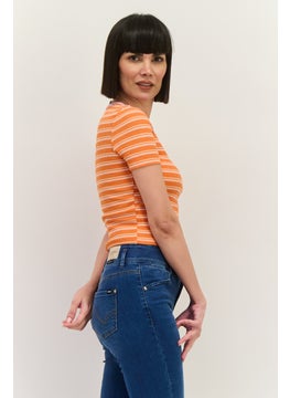 Lefties Women Round Neck Short Sleeve Stripe Top, Orange  - Image 2