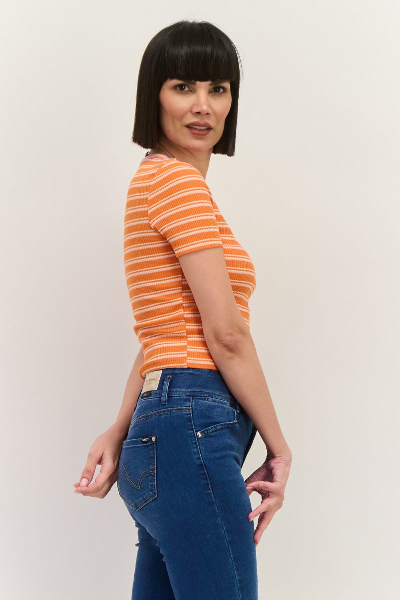 Lefties Women Round Neck Short Sleeve Stripe Top, Orange - Image 2