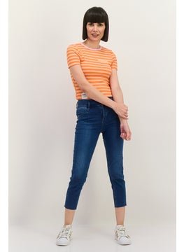 Lefties Women Round Neck Short Sleeve Stripe Top, Orange  - Image 4