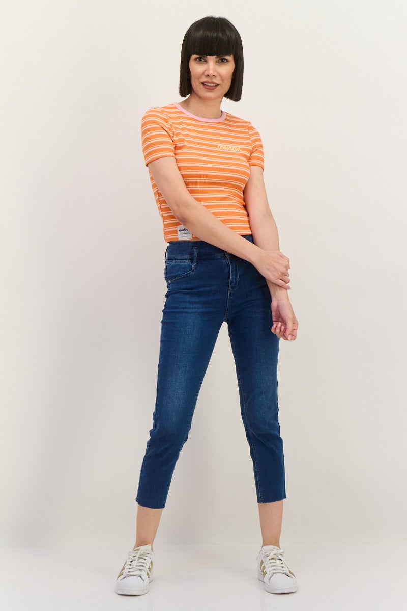 Lefties Women Round Neck Short Sleeve Stripe Top, Orange - Image 4