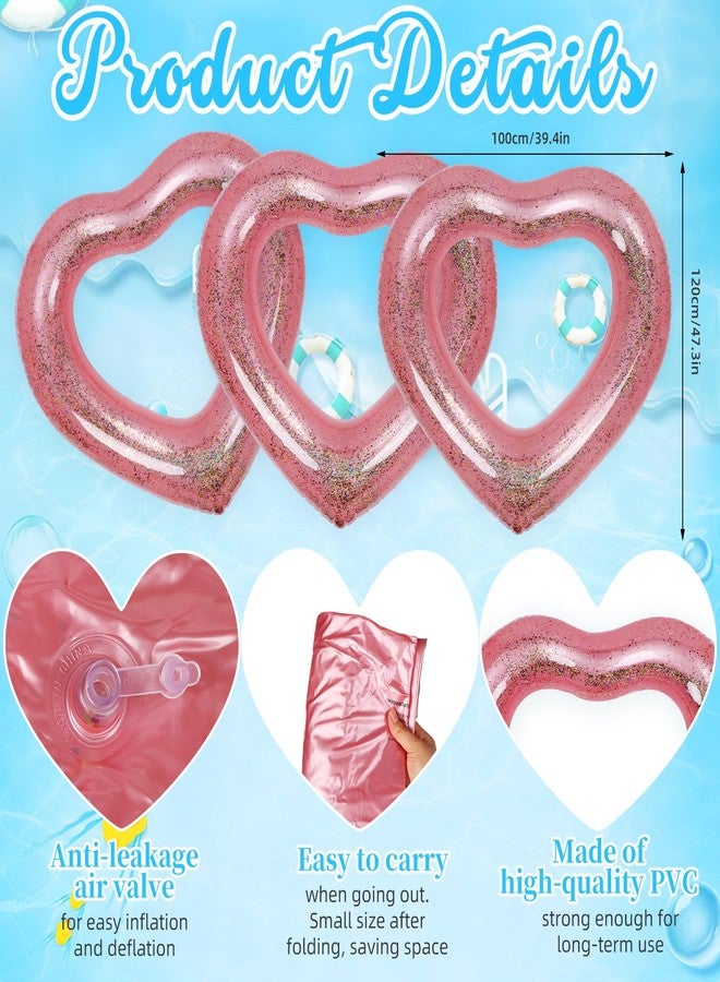 Mkhaslri 3 Pieces Inflatable Heart Pool Float, Glitter Inflatable Swim Rings Bachelorette Party Pool Float Tube, Heart Shaped Summer Swimming Ring, Water Beach Party for Adults (Pink, 47x39Inch) - Image 2