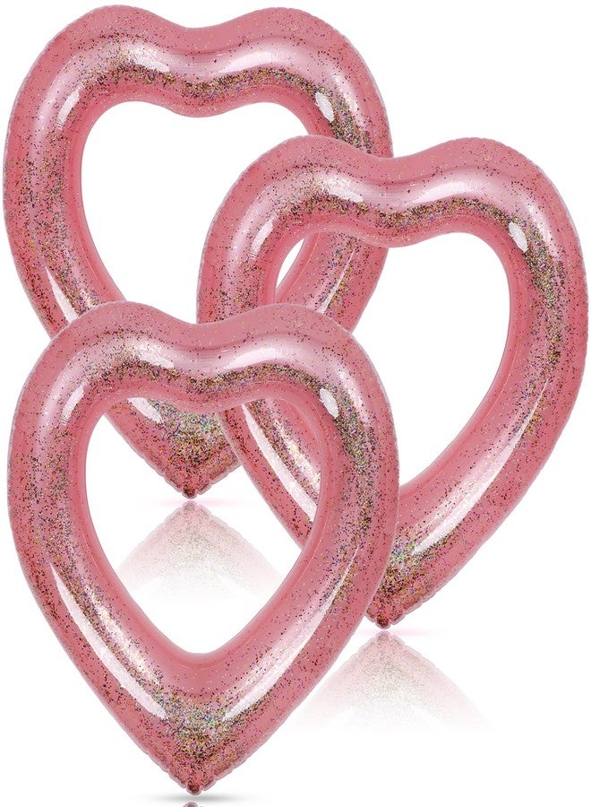 Mkhaslri 3 Pieces Inflatable Heart Pool Float, Glitter Inflatable Swim Rings Bachelorette Party Pool Float Tube, Heart Shaped Summer Swimming Ring, Water Beach Party for Adults (Pink, 47x39Inch) - Image 1