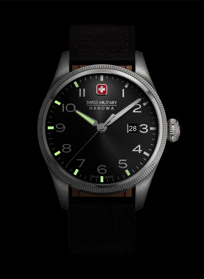 SWISS MILITARY HANOWA Thunderbolt Watch For Men With Dark Brown Genuine Leather Pro Strap - 43 mm