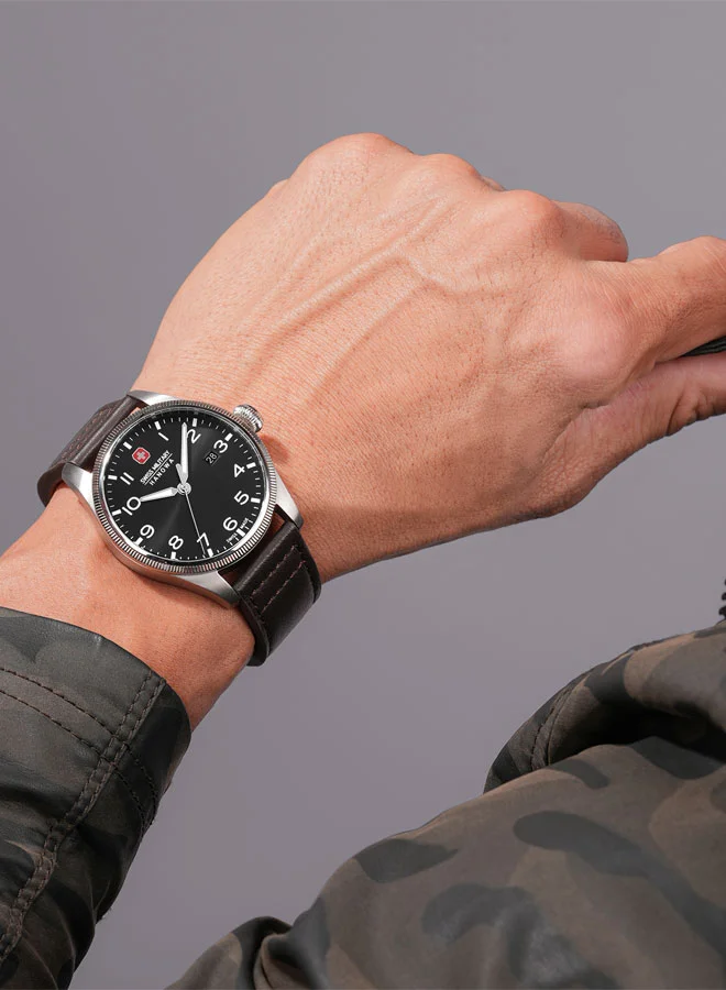 SWISS MILITARY HANOWA Thunderbolt Watch For Men With Dark Brown Genuine Leather Pro Strap - 43 mm