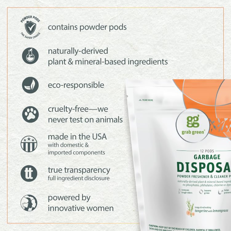 Grab Green Garbage Disposal Freshener and Cleaner Pods, 48 Count, Tangerine Lemongrass Scent, Plant and Mineral Based, Removes Odors, Loosens Grime, Prevents Clogging - Image 2