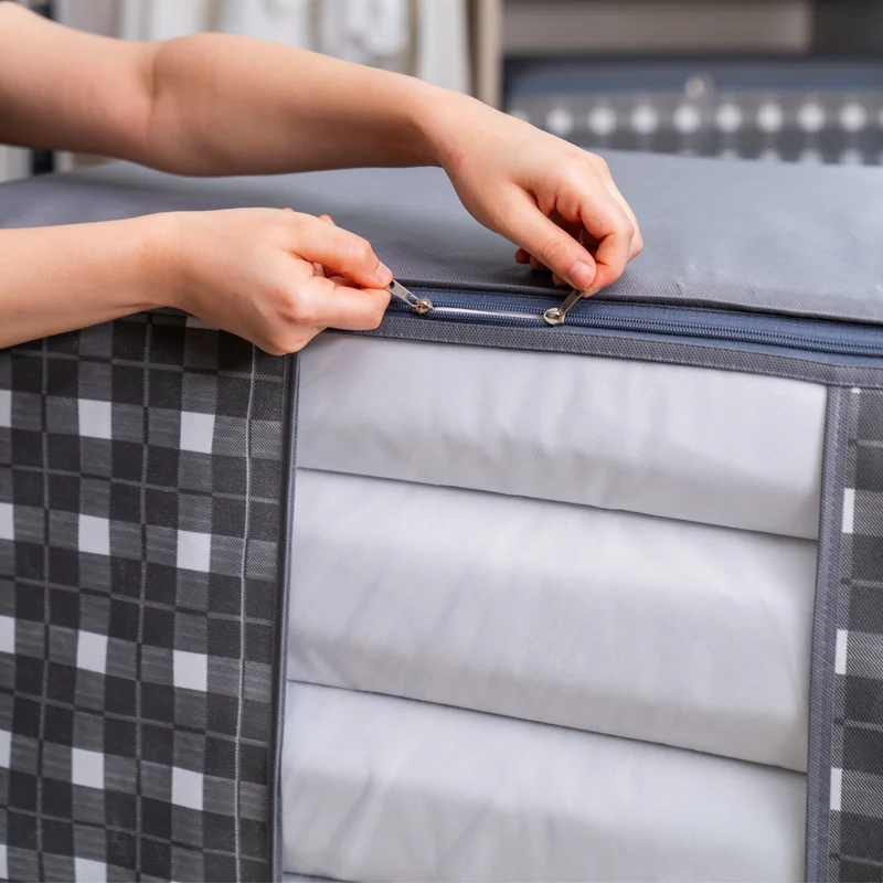 Nacarev 3 Pieces Mega Size Window Square Patterned Plaid Gray Pillow Quilt Organizer Bag Set 90X50X50 cm