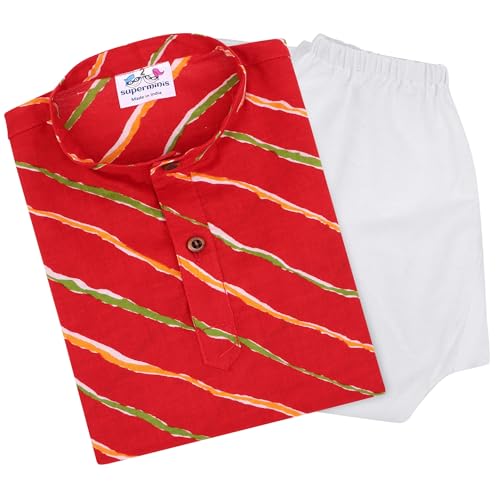 superminis Cotton Boys Sanganeri Lehariya Printed Kurta Set with White Pyjama Elastic Closure (7-8 Years, Red) - Image 1