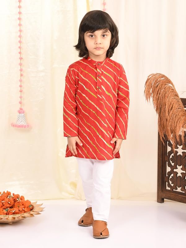 superminis Cotton Boys Sanganeri Lehariya Printed Kurta Set with White Pyjama Elastic Closure (7-8 Years, Red) - Image 2