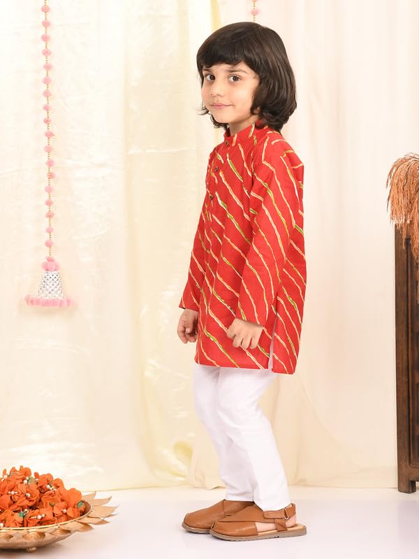 superminis Cotton Boys Sanganeri Lehariya Printed Kurta Set with White Pyjama Elastic Closure (7-8 Years, Red) - Image 4