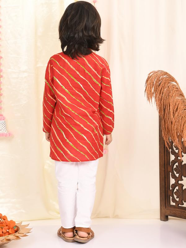 superminis Cotton Boys Sanganeri Lehariya Printed Kurta Set with White Pyjama Elastic Closure (7-8 Years, Red) - Image 3