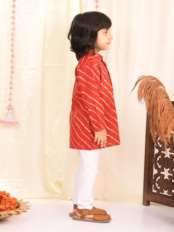 superminis Cotton Boys Sanganeri Lehariya Printed Kurta Set with White Pyjama Elastic Closure (7-8 Years, Red) - Image 5
