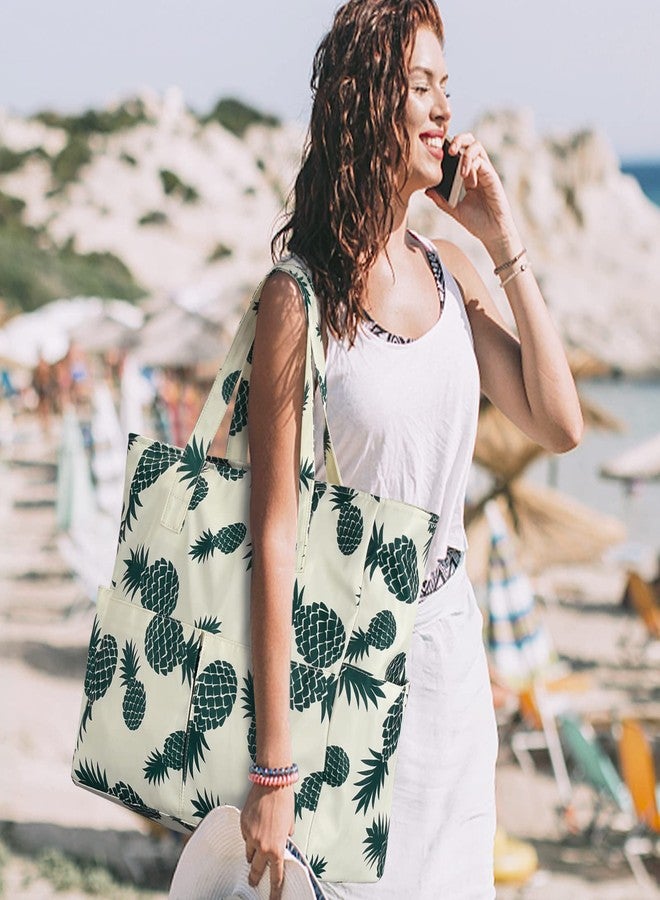 oscaurt Beach Bags for Women, Beach Tote Bag Waterproof Sandproof Swim Pool Bag Large Capacity Beach Bag with Wet Pocket, Pineapple Green - Image 3