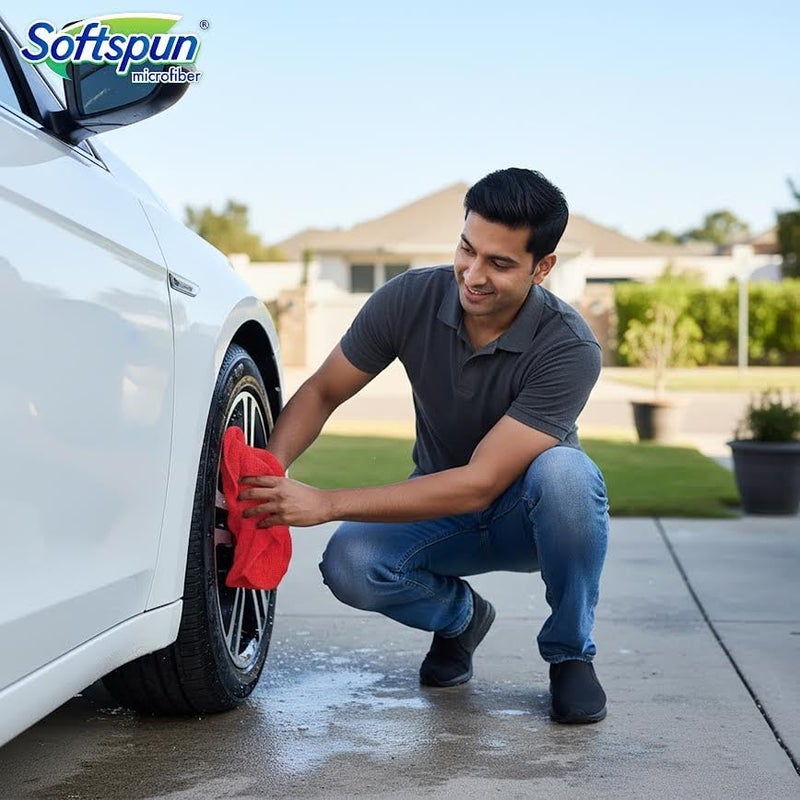 سوفتسبون SOFTSPUN قطعة قماش من الألياف الدقيقة - 4 قطع - 40x40 سم - 340 جرام لكل متر مربع أحمر - سميكة، خالية من الوبر والخطوط، مناديل متعددة الأغراض - مناشيف الألياف الدقيقة للسيارات لتنظيف وتلميع وغسل وتفصيل السيارات والدراجات… - Image 3