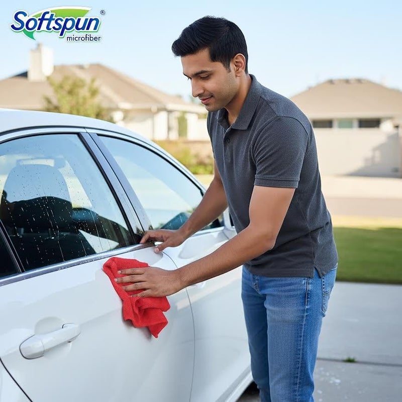 سوفتسبون SOFTSPUN قطعة قماش من الألياف الدقيقة - 4 قطع - 40x40 سم - 340 جرام لكل متر مربع أحمر - سميكة، خالية من الوبر والخطوط، مناديل متعددة الأغراض - مناشيف الألياف الدقيقة للسيارات لتنظيف وتلميع وغسل وتفصيل السيارات والدراجات… - Image 2