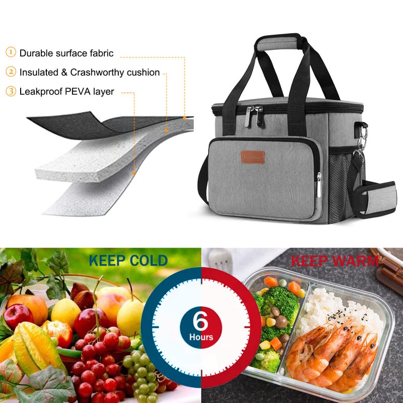 Femuar Lunch Bags for Women/Men, Insulated Lunch Bag for Work Office Picnic - Large Lunch Cooler Bag Leakproof Lunch Box with Adjustable Shoulder Strap for Adults - Grey (15L) - Image 5