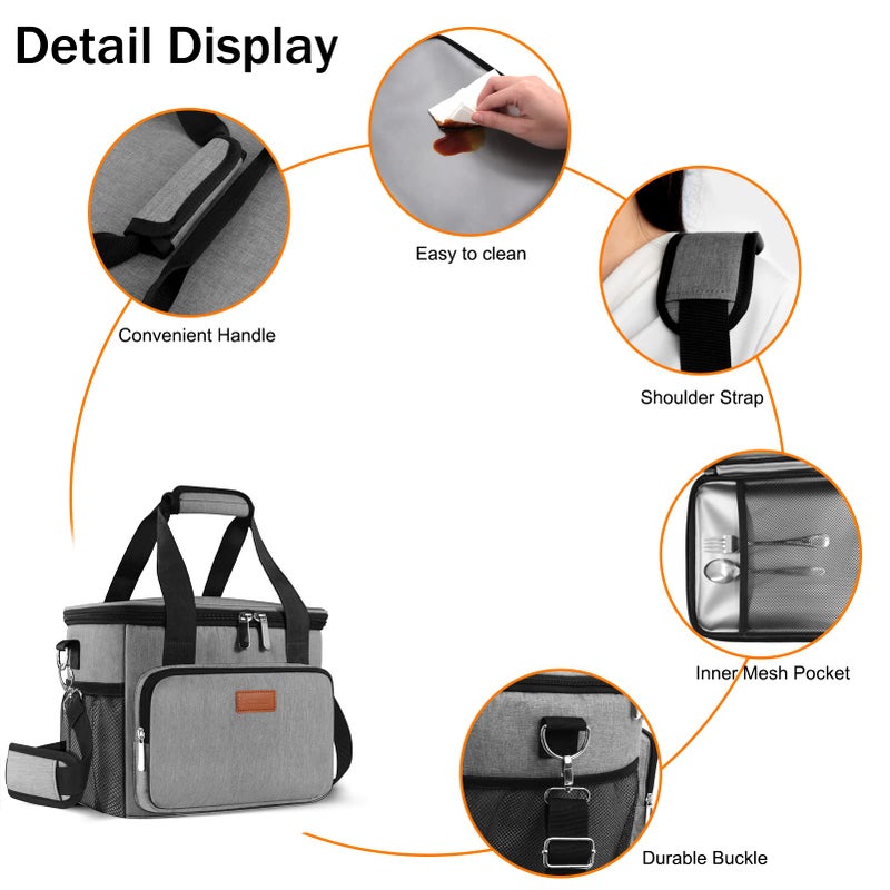 Femuar Lunch Bags for Women/Men, Insulated Lunch Bag for Work Office Picnic - Large Lunch Cooler Bag Leakproof Lunch Box with Adjustable Shoulder Strap for Adults - Grey (15L) - Image 4