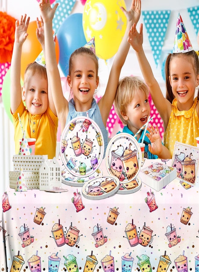 Dydamud Boba Tea Party Decorations,Bubble Tea Birthday Dinnerware Decoration Boba Tea Plate Napkins Tablecloth for Boba Birthday Party Decorations - Image 2