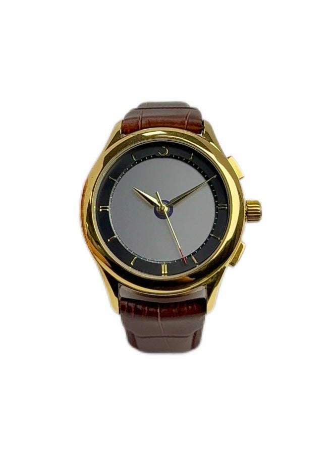 Al Fajr Analogue and digital dual-display Gold circular dial wristwatch, brown leather strap and white dial Minimalist and fashionable style watch WW-22GWL-ZS - Image 1