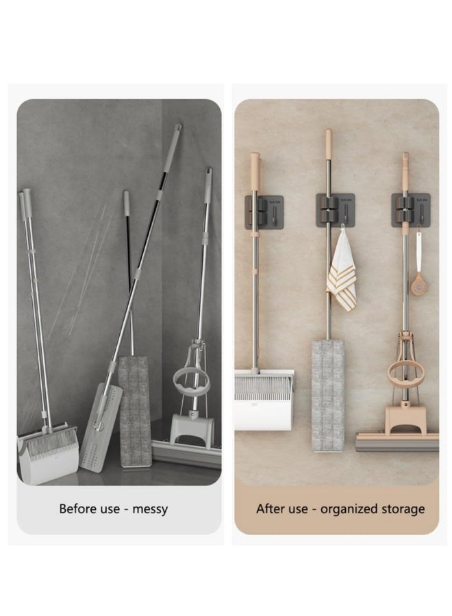 SYOSI Drill-Free Wall Mount Broom Holder, Wall Mounted Garden Tool Rack Organizer for Closet Garage Laundry Room Kitchen Decor With 4 Slots & 4 Hooks - Image 3