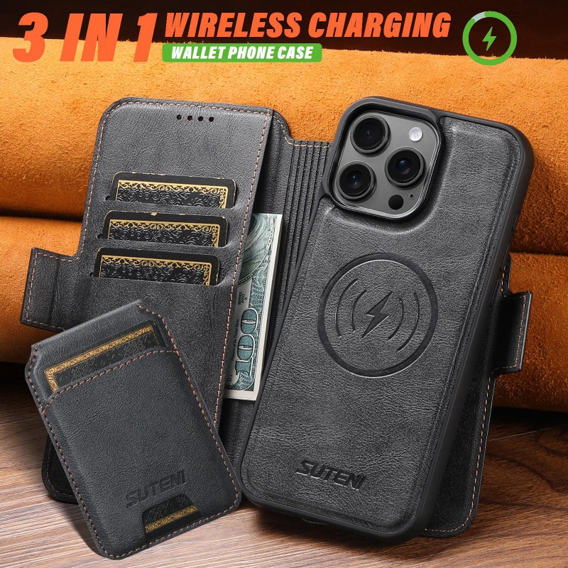 Suteni For Iphone 16 Q06S2 3-In-1 Detachable Vertical Flip Wallet Magsafe Splicing Leather Phone Case(Black) - Image 4