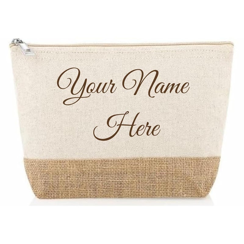 CrownLit Personalized Cotton and Jute Makeup Pouch, 27 x 13 x 5 cm(Medium), Customizable Name, Natural - Image 1