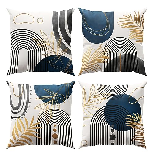DZGlobal Blue and Grey Throw Pillows Boho Pillow Covers 18x18 Abstract Geometric Pillow Covers Mid Century Modern Decor for Sofa Bed Living Room Couch Set of 4 - Image 1
