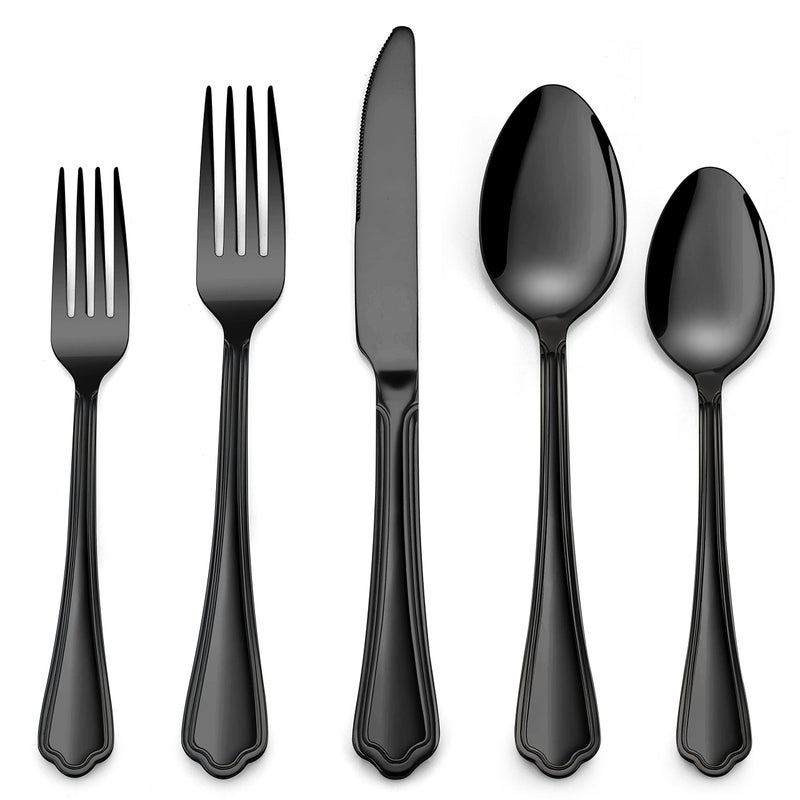 Herogo 40Piece Black Silverware Set with Scalloped Edge Stainless Steel Flatware Cutlery Set for 8 Modern Tableware Eating Utensils Dishwasher Safe Mirror Polished