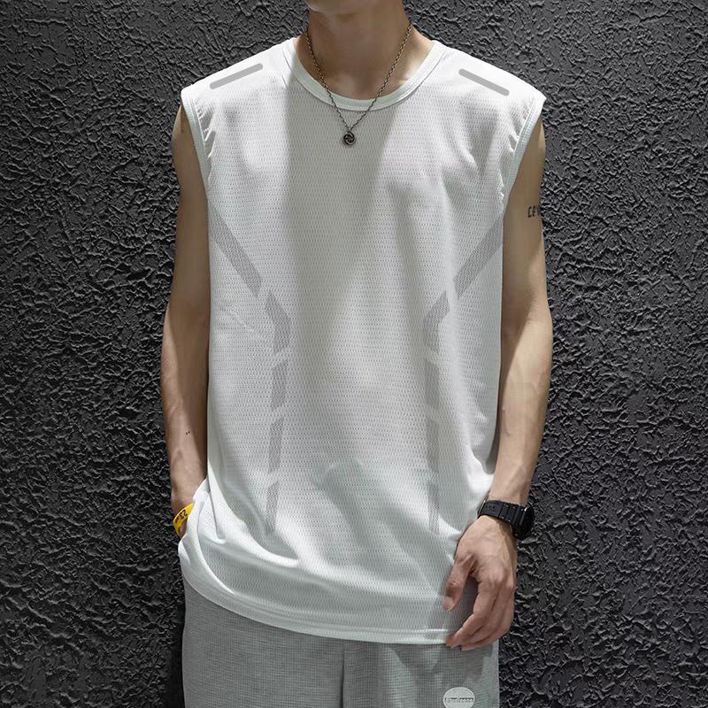 [fast delivery] vest mens quick-drying sleeveless T-shirt ice silk sports top loose running short sleeve training fitness Pure white [side pole butterfly mesh vest] 