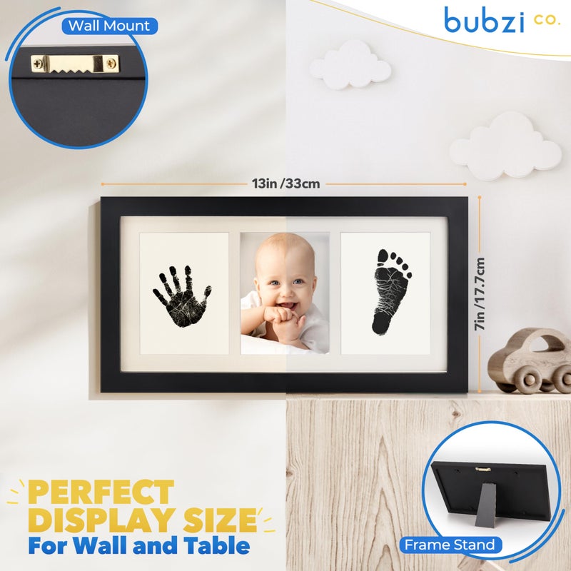 Bubzi Co مجموعة بصمة يد وقدم بيبي من بوبزي كو وإطار صور للأطفال حديثي الولادة، هدايا فريدة لحفلات استقبال المواليد، تذكارات مميزة لتزيين جدران الغرفة أو ديكور الحضانة (أسود جت) - Image 4