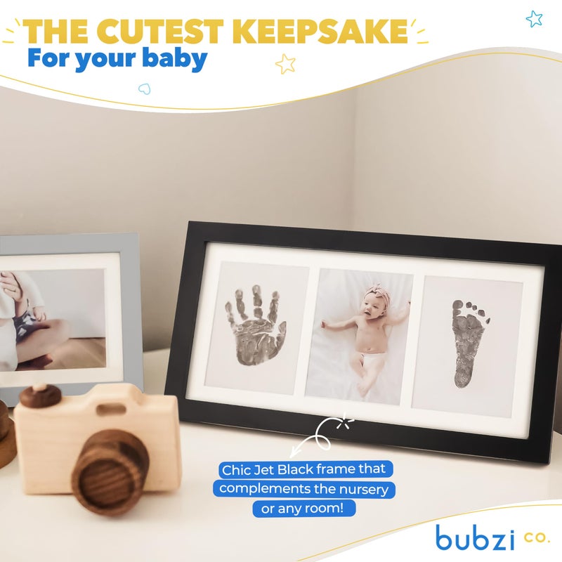 Bubzi Co مجموعة بصمة يد وقدم بيبي من بوبزي كو وإطار صور للأطفال حديثي الولادة، هدايا فريدة لحفلات استقبال المواليد، تذكارات مميزة لتزيين جدران الغرفة أو ديكور الحضانة (أسود جت) - Image 5