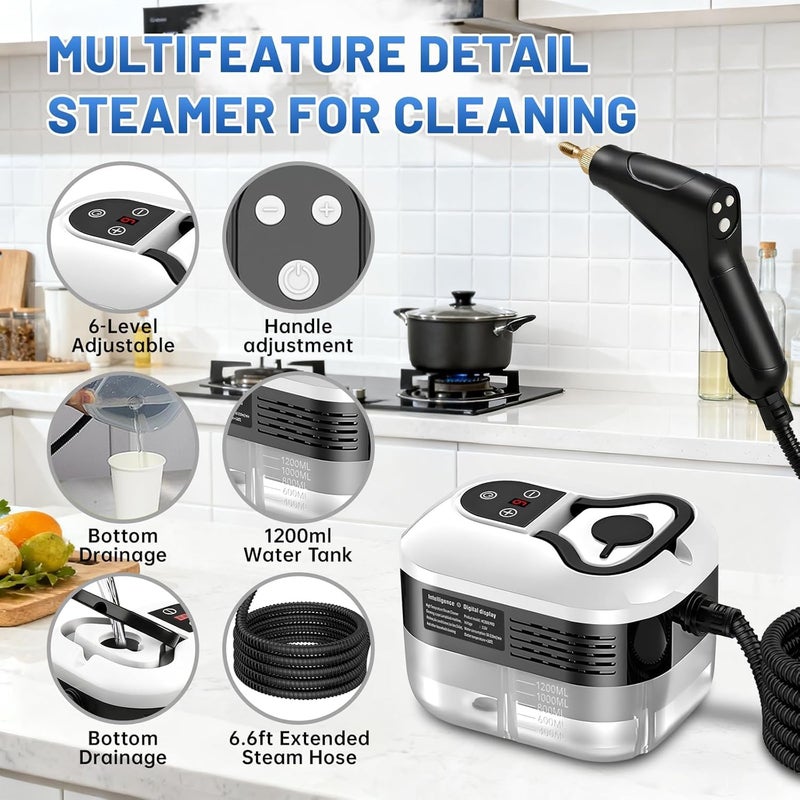 TMOHRA Steam Cleaner, 1200ML/2500W High Power Handheld Steam Cleaner with Smart Touch - 3 Brush Heads - Glass Brush with Towel for Stain Removal at Home, Portable Steamer for Cleaning Car, Upholstery, Carpet - Image 4