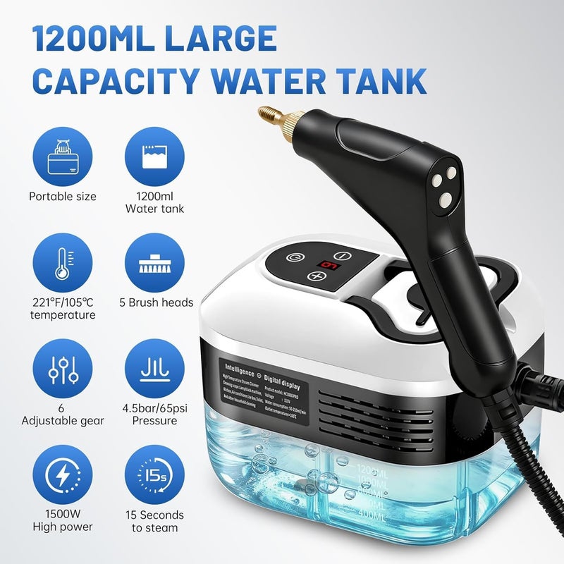 TMOHRA Steam Cleaner, 1200ML/2500W High Power Handheld Steam Cleaner with Smart Touch - 3 Brush Heads - Glass Brush with Towel for Stain Removal at Home, Portable Steamer for Cleaning Car, Upholstery, Carpet - Image 3