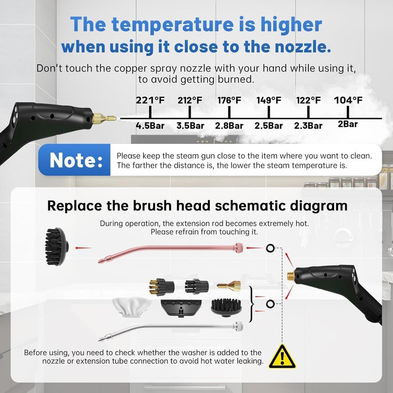 TMOHRA Steam Cleaner, 1200ML/2500W High Power Handheld Steam Cleaner with Smart Touch - 3 Brush Heads - Glass Brush with Towel for Stain Removal at Home, Portable Steamer for Cleaning Car, Upholstery, Carpet - Image 2